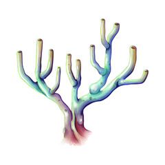 Stylized Illustration of Tubular Coral Structure in Blue, Green, and Purple Anchored to Ocean Floor Representing Marine Life and Underwater Ecosystems
