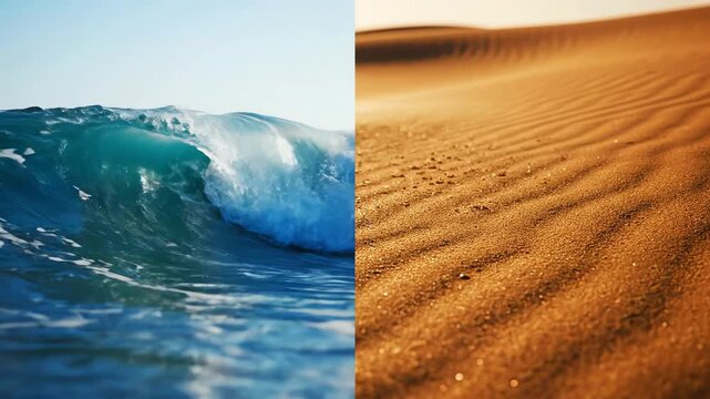 Ocean wave and desert sand contrasting textures and colors split screen composition
