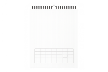 Blank spiral wall calendar template with grid for scheduling and planning, transparent background