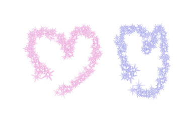 Two heart shapes are formed by clusters of star-like patterns. The left heart is pink, while the right one is blue