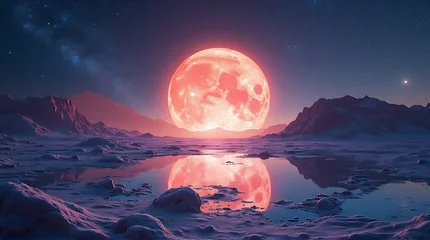 Poster Reflectie A large, bright red moon dominates the sky above a desolate, rocky landscape, reflected in a still body of water under a starry night.  © BagusMuktii