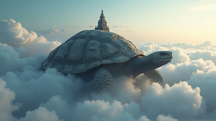 A giant turtle floats amidst fluffy clouds, carrying a miniature temple on its back, bathed in soft, ethereal light.