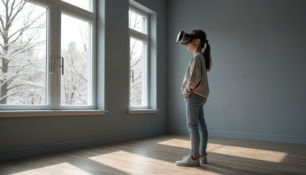 Young girl uses VR headset in bright room near large window. Teenager enjoys digital world inside metaverse. Child explores virtual reality in futuristic headset indoors near window.