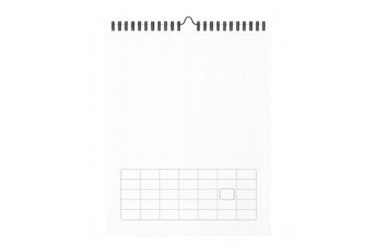 Blank spiral wall calendar template with grid for scheduling and planning, transparent background