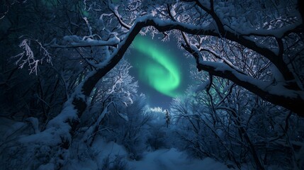 Majestic Green Aurora Borealis Over Snowy Forest Frame Night Sky