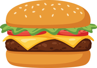 A delicious-looking cheeseburger with a sesame seed bun, lettuce, tomato, and melted cheese.