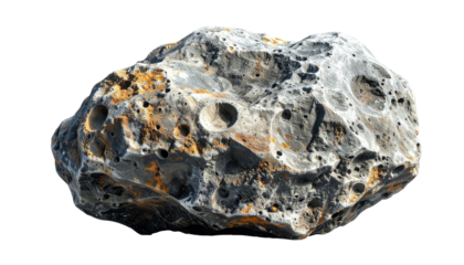 A close-up of an irregularly shaped, gray rock with porous texture and yellowish spots, isolated on a black background