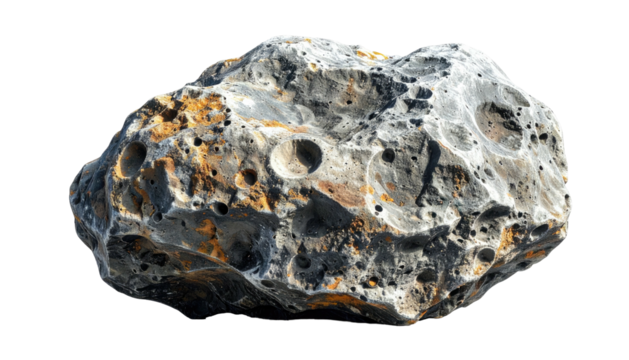 A close-up of an irregularly shaped, gray rock with porous texture and yellowish spots, isolated on a black background