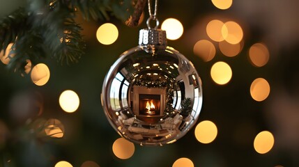 Christmas Ornament Fireplace Reflection with Warm Bokeh