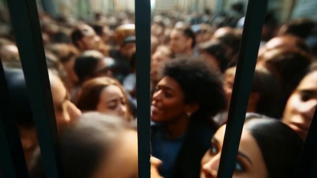 Intense Crowd Behind Bars: A Chaotic Scene of Faces Expressing Emotion and Connection, Caught Between Metal Bars in a Visibly Tense Atmosphere, Captured Frame by Frame.