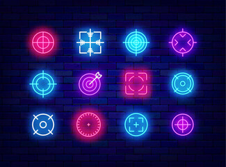 Target neon icons collection. Biathlon sport. Army sonar and aim. Business goal. Purpose symbols. Vector illustration