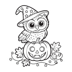 A charming cartoon owl wearing a witch hat sits atop a smiling jackolantern, with autumn leaves and stars scattered around