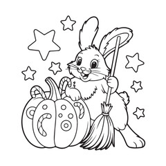 Black and white outline drawing of a cute bunny rabbit with a broom next to a decorated pumpkin, surrounded by stars