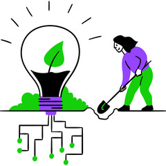Woman Planting Green Leaf Inside Lightbulb Growing From Digital Roots With Green Sprouts Around On Transparent Background