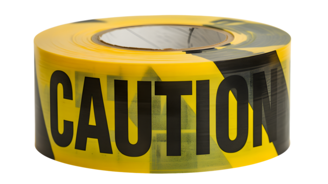Bright yellow caution tape roll with bold black lettering signals warning and security for construction, danger, or restricted areas