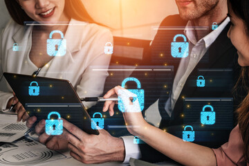 Concept of cybersecurity and a secure network. Multiple layers of data encryption and firewall...