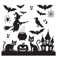 Collection of halloween silhouettes including a witch on a broom, bats, a crow, a spider, a cauldron, black cats, a pumpkin, and a haunted house