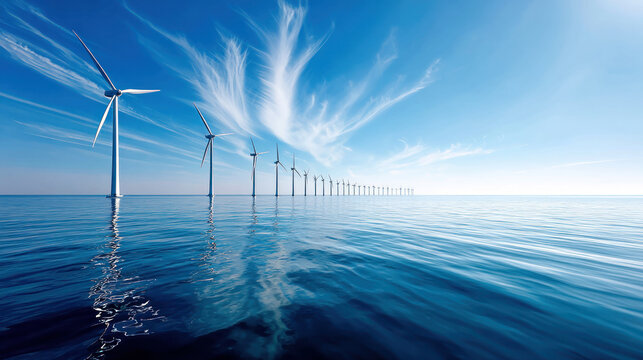 Floating wind turbines on ocean surface, clear skies. Environment and green energy concept, demonstrating sustainable business practices, renewable energy