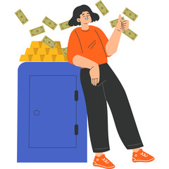 Woman Leaning Against Blue Safe Full Of Gold Bars With Falling Money And Thumbs Up Gesture In Flat Design Style