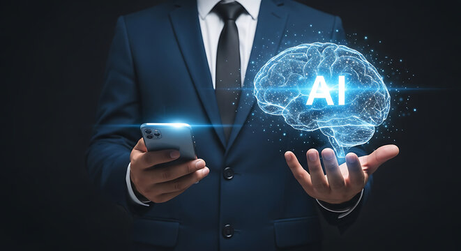 Businessman holding AI brain hologram