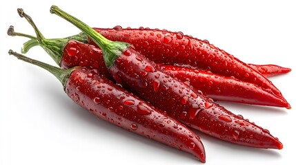 Several ripe red chili peppers glistening with fresh water droplets rest on a white surface