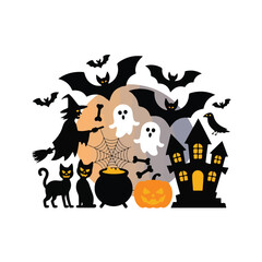 Halloween silhouette collection with witch, black cats, ghosts, bats, haunted house, pumpkin, spider web, and cauldron