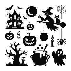 Halloween silhouette icons collection featuring a haunted house, witch on a broom, pumpkins, ghost, spider, bats, and a spooky tree