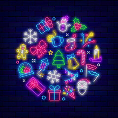 Winter neon circle banner. Christmas event. Layout with holiday icons. Santa Claus, present. Vector stock illustration