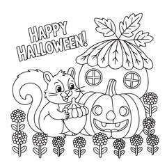 Happy halloween a cute squirrel holding an acorn sits next to a carved pumpkin and a pumpkin house, surrounded by flowers