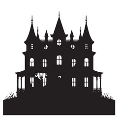 Silhouette of a haunted mansion with spooky windows and a ghost hanging from the porch