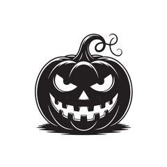 Spooky black silhouette of a jackolantern with a carved scary face and a curly stem