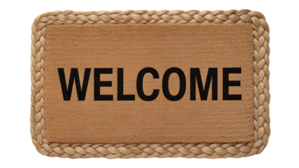 Warmly welcome guests with this inviting natural coir doormat featuring bold black lettering and a stylish braided border, perfect for any home entrance.