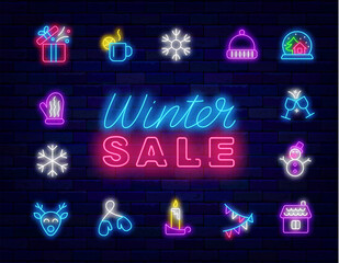 Winter sale. Christmas shopping neon poster with icons collection. Santa Claus, deer. Vector stock illustration
