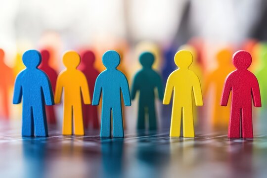 Colorful Symbolic Group: A vibrant group of diverse figures stands united, symbolizing community, teamwork, and the power of coming together. They stand in solidarity, forming a network of support.