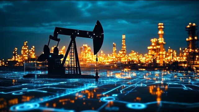 Silhouette oil rig and illuminated industrial complex on a futuristic digital grid