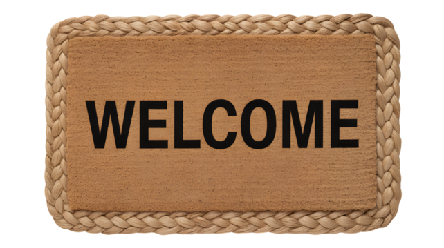 Warmly welcome guests with this inviting natural coir doormat featuring bold black lettering and a stylish braided border, perfect for any home entrance.