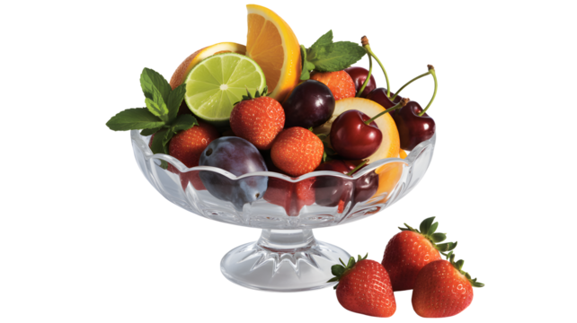 Vibrant medley of fresh strawberries, cherries, plums, citrus slices, and mint leaves presented elegantly in a crystal compote dish for healthy eating inspiration.
