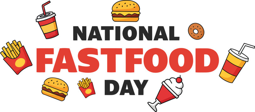National Fast Food Day celebration with various fast food items like burgers, fries, drinks, and donuts.
