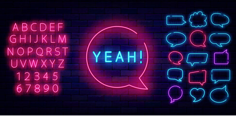 Yeah neon sign in speech bubble. Consent and agreement. Game design. Label for casino, talk show. Vector illustration