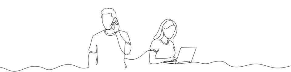 Couple working and communicating in one line art style. Man on the phone, woman on a laptop. Vector illustration.