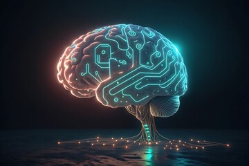 Futuristic digital brain with glowing circuits and neural network connections on a dark background