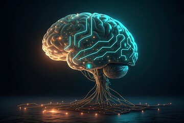 Futuristic cybernetic brain illuminating with neon circuits and digital connections on a dark background