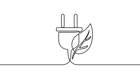 Plakat Electric plug with a leaf in one line art style. Drawing of eco energy with editable black stroke on a white background. Vector illustration.