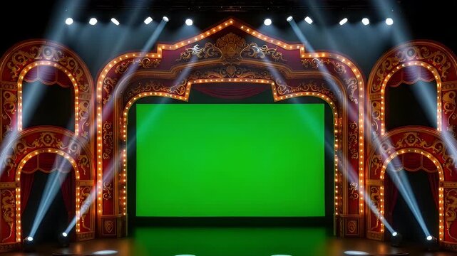Green screen stage with lights for backgrounds advertising and content creation