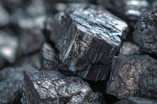 Close-up macro view of shiny black coal chunks highlighting their rough texture and cubic crystal formations in a detailed natural mineral composition