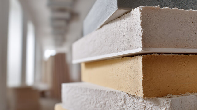 Paneles de construcci&oacute;n apilados en tonos blanco, beige y gris, con acabados variados y bordes visibles. Ideal para dise&ntilde;o interior, reformas, arquitectura moderna y selecci&oacute;n de materiales t&eacute;cnicos.