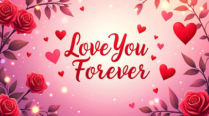 Love You Forever Romantic Valentine&rsquo;s Day Background with Red Roses and Hearts.