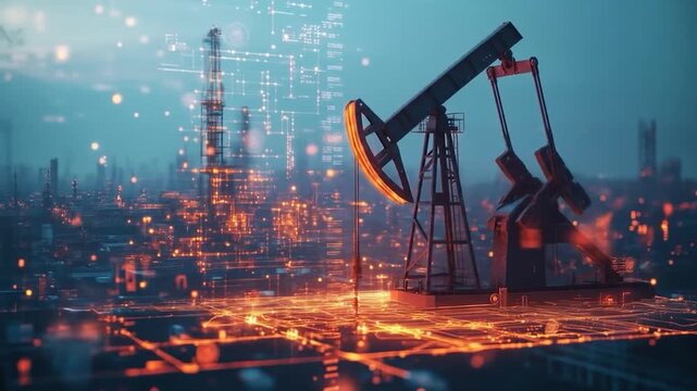 Futuristic oil rig with glowing digital network overlaying an industrial cityscape