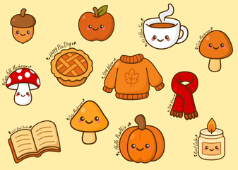 Autumn vector elements stiker with text. Fall season.Vector illustration in yellow, red and orange colors. 