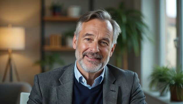 Mature man looks to camera and smiles. Businessman wears jacket, shirt, sweater. Confident guy in living room enjoys life. Person looks attractive. Happy business coach smiles gently. Male at home.